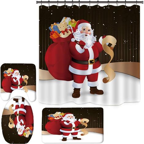 Ensemble de 4 décorations de Noël pour salle de bain : housse de siège de toilette, tapis, rideau de douche, Père Noël, renne, bonhomme de neige. (1/5)