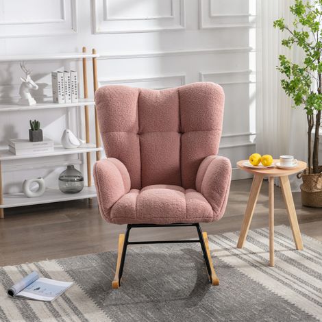 Schaukelstuhl aus Teddystoff Rosa 70 x 80 x 95 cm mit gepolsterten Armlehnen (1/5)