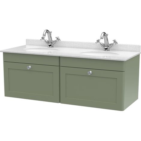 Swynnerton Traditional 2 Drawer Wall Hung Vanity Unit with Double Marble Basin, Satin Green, 1200mm