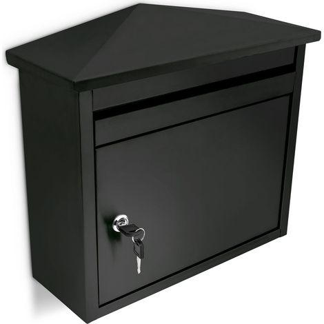 Relaxdays Letter Box, 41 x 37 x 16 cm, Powder Coated Metal, Wall Mounted Mailbox, Weather-Resistant Iron, Black (1/5)