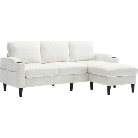 Divano 4 posti in chenille beige con pouf contenitore, portabicchieri e tasche laterali (1/5)
