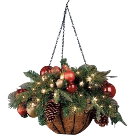 Panier suspendu artificiel de Noël pré-illuminé avec guirlande lumineuse LED, décoré de pommes de pin givrées et de grappes de baies. Décorations de Noël d'intérieur et d'extérieur pour jardin, terras (1/5)