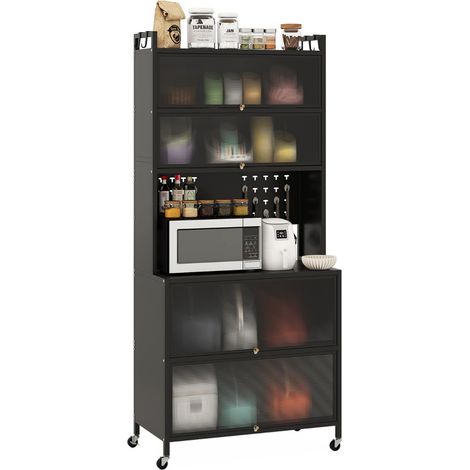 Mobile da cucina 80 x 40 x 178 cm con 6 ripiani e ante a battente traslucide stile moderno acciaio al carbonio nero 200015277