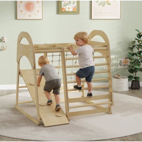 Aire de jeux d’escalade intérieure 6-en-1 en bois avec toboggan réversible 3-6 ans (1/5)