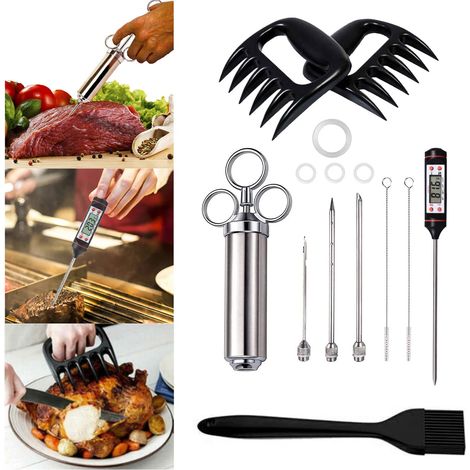 Seringue à viande en acier inoxydable 304 avec 1 pinceau à marinade, 3 aiguilles, 1 paire de griffes de viande, 1 thermomètre pour barbecue (1/5)