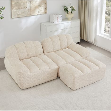 Modulares 2-Sitzer-Sofa in L-Form Beige Weiß mit Ottomane, ohne Montage (1/5)