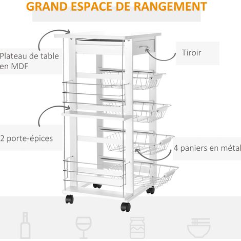 Desserte cuisine roulettes tiroir 4 paniers étagères latérales 47x37x83 cm blanc (1/5)