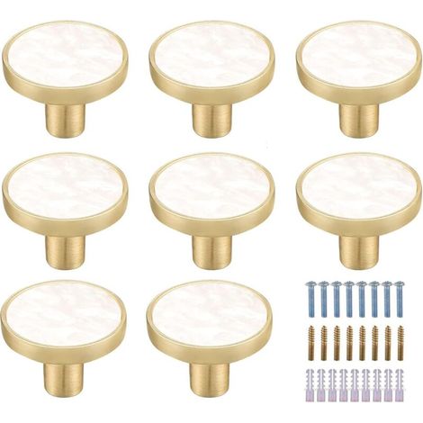 8 Pack White Marble Brass Round Cabinet Knobs - Decorative White Drawer Knobs - Gold Dresser Knobs for Kitchen Furniture, Clothes Hooks (1/5)