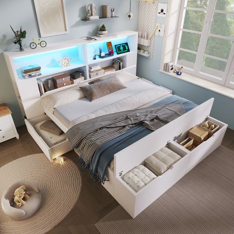 Lit avec rangement en bois blanc 140x200 cm, sommier à lattes inclus, LED, USB, tiroirs, étagères et banc-coffre (1/5)