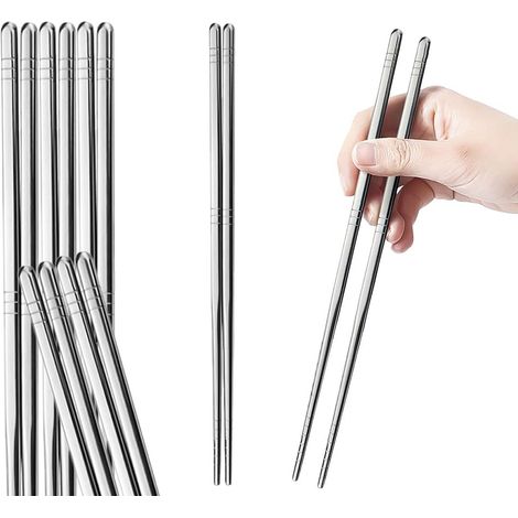 Baguettes en acier inoxydable - 5 paires - 24 cm - Carrées - Convient aux adultes - Argent (1/5)