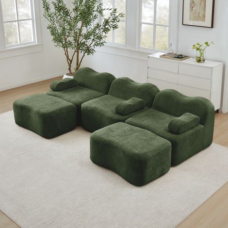 Canapé d’angle modulare in velluto verde a U con 2 pouf, seduta profonda