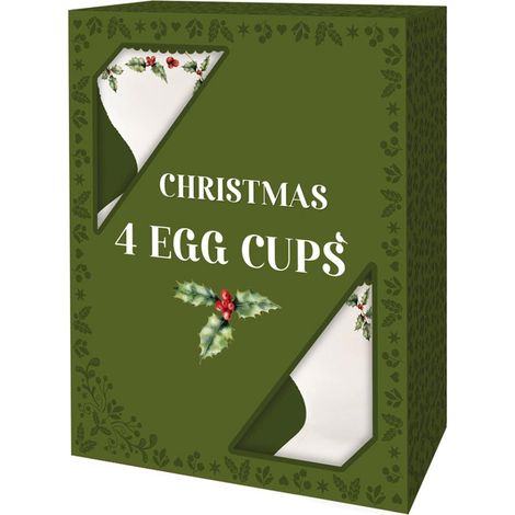 Set Of 4 Dippy Egg & Soldiers Cups Festive Christmas Holly Breakfast Porcelain