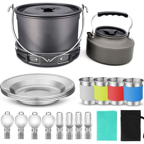 Batterie de cuisine de camping 22 pièces – Grande casserole suspendue, poêles, bouilloire – Pour 4 personnes – Cuisine en plein air, camping, pique-nique (1/4)