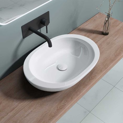 Durovin Bathrooms Ceramic Bathroom Basin - Countertop Sink Vessel - Oval Washing Bowl Flat Rim (590 x 400 x 115mm) (1/5)