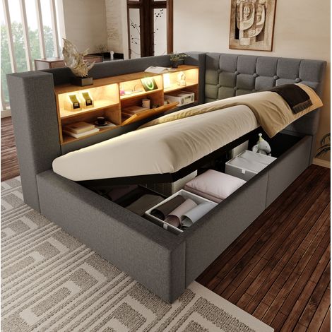 DESVIAE Lit simple rembourré 90 x 190 cm avec LED ports USB et USB C rangement hydraulique tête de lit en forme L réversible sommier à lattes tissu gris (1/5)