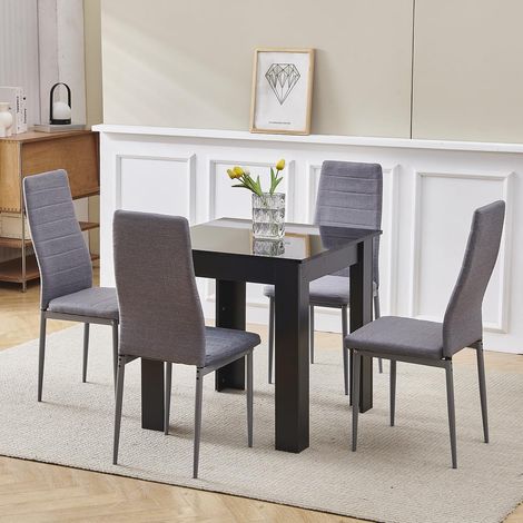 75x75cm Square Dining Table and Chairs Set, Small Dining Room Set High Gloss Dining Table with Chairs Home Furniture (Grey Linen, Black Table with 4 Chairs)