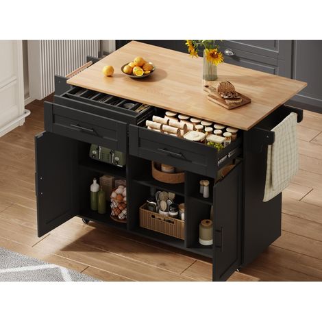 Modernluxe - Îlot central de cuisine avec table rabattable, 2 portes et 2 tiroirs, porte-serviettes, roulettes - noir (1/5)