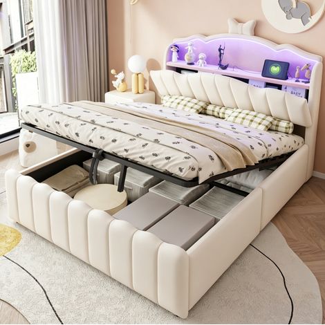Cama infantil 140 x 200 cm con almacenaje hidráulico, terciopelo, LED, USB y USB-C beige HAVRYA (1/5)