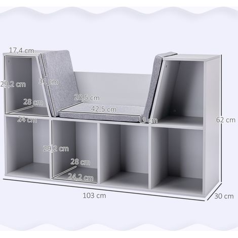 Libreria per bambini con panca, 6 scomparti, 3 cuscini, 103 x 30 x 62 cm, grigio DESVIAE (1/4)