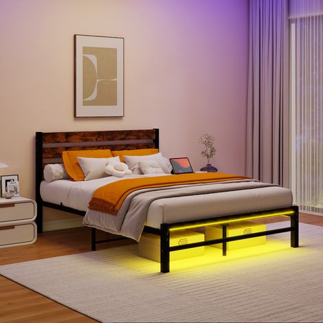 Cadre lit 140×200,tête plaque,métal,station USB,LED,acier solide,rangement sous lit,sans sommier,silencieux,montage facile-Chi