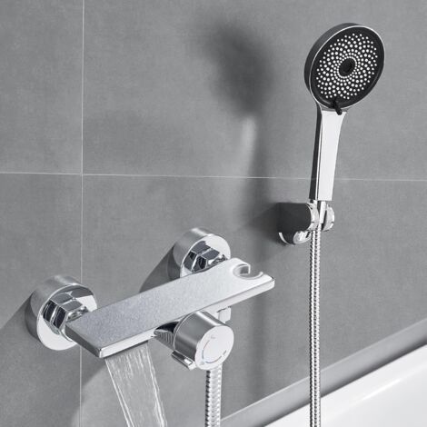 Mitigeur Baignoire, Robinet Baignoire avec Douchette 5 Jets, Robinet Salle Bain Baignoire Mural avec Flexible 1,5m Gris Couleur Chrome (1/5)