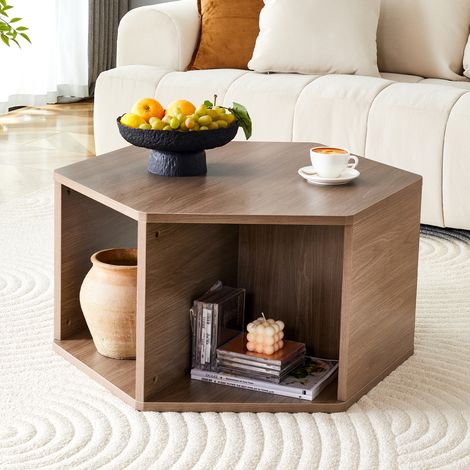 Table basse hexagonale 79 x 69,4 x 40 cm en MDF marron, avec rangement pour salon FloraGrace (1/5)
