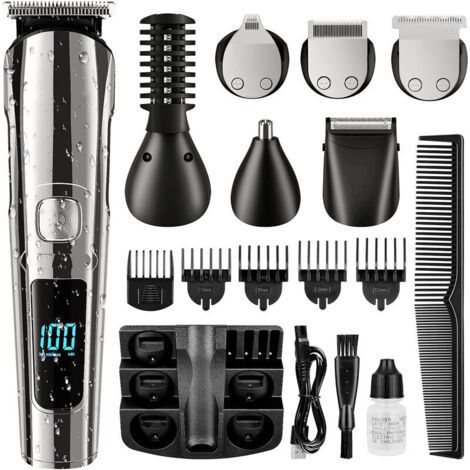 Tondeuse barbe sans fil étanche – Kit de toilettage tout-en-un avec 6 têtes de coupe – Lame acier inoxydable – Rechargeable USB
