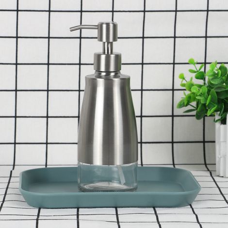 Distributeur de savon en verre et acier inoxydable - Distributeur de savon - Avec étiquettes - Rechargeable - Pour cuisine, salle de bain, bureau, hôtel (300 ml) (1/5)