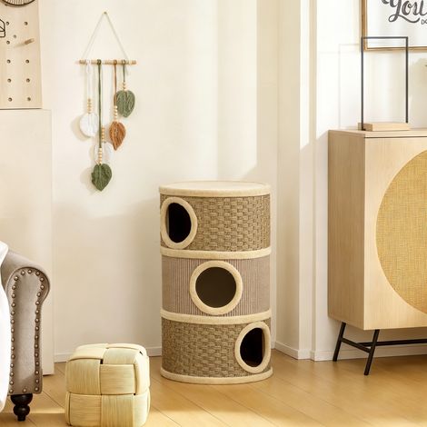 Tonneau à Gratter pour Chat Arbre à Chat Sisal Naturel et Herbiers Marins Recouvert de Peluche 45 x 45 x 79cm Kaki Café (1/5)