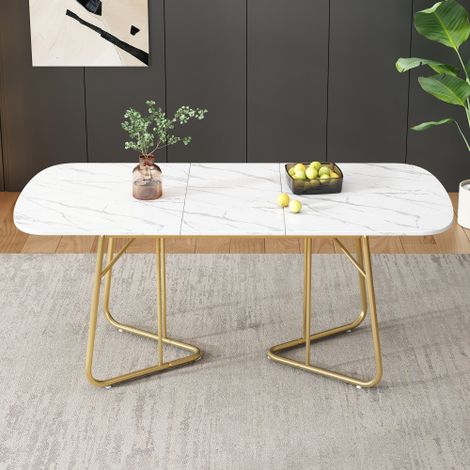Mesa comedor extensible - estructura mármol, pies dorados - blanca 140/180x80 cm (1/5)