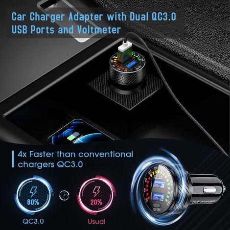 Caricabatteria da auto USB QC3.0 a doppia porta, adattatore per accendisigari, ricarica rapida, 36 W 3 A, con voltmetro e interruttore (1/4)