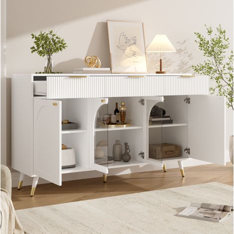 Weißes Sideboard mit 4 Türen, 3 Schubladen und Acrylpaneelen 140 x 40 x 85,5 cm OKWISH (1/5)