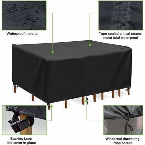 Bache Table de Jardin, Imperméable Bache Mobilier de Jardin Rectangulaire Housse, Anti-UV Robuste Housse de Protection Jardin, 250x110x90cm, Noir (1/4)