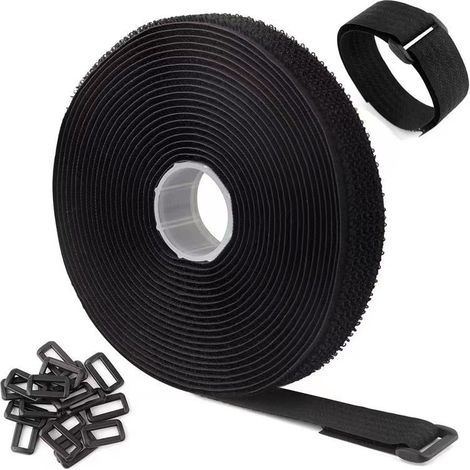 BRAVIX Serre-câbles réglables 5 m x 5 cm avec 25 boucles, noirs, réutilisables, avec crochets et boucles pour la gestion des câbles, noirs (1/5)