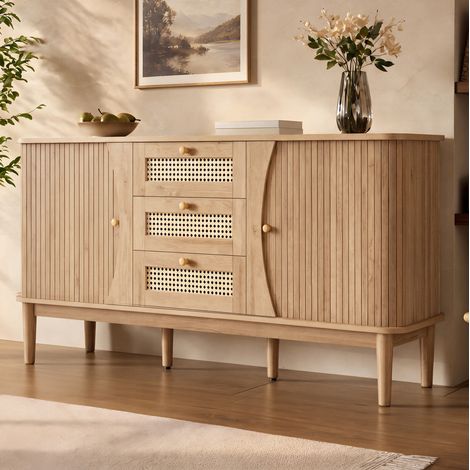 Credenza 141x40x77 cm in MDF naturale con ante scorrevoli e cassetti in rattan -CHICFURN (1/5)