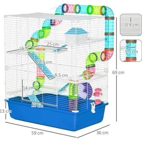 Cage pour hamster à 5 étages (avec tuyaux, maison, aquarium et roues), en acier, PP et PS, 59x36x69 cm, bleu et blanc. (1/5)