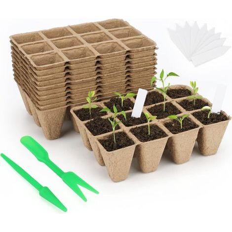 20 paquets de -240 cellules Pots godet de graines dégradables Pots de graines en fibre pour semis avec 100 morceaux de bouchons de plantes en plastique et outils pour déterrer les transplanes (1/5)