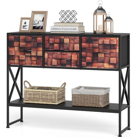 Table Console, Table pour Canapé avec 4 Tiroirs en Tissu, Étagère et Structure en Métal, Meuble de Rangement en Bois, pour Petit Espace, Couloir (1/5)