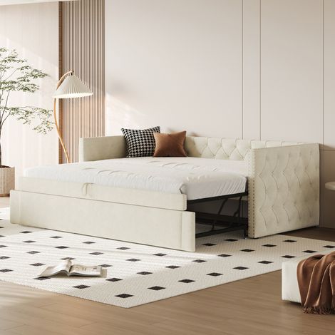 Lit rembourré canapé-lit extensible 90x200 cm sommier à lattes velours beige LDU00233AAA
