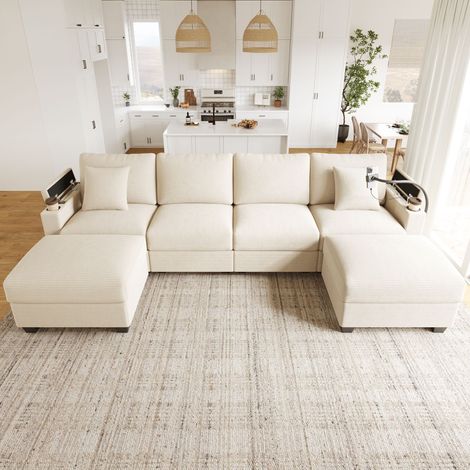 Canapé panoramique modulable convertible 6 places 275,5x139x87 cm, support téléphone 360°, USB et USB-C, porte-gobelets, velours côtelé, Beige (1/5)