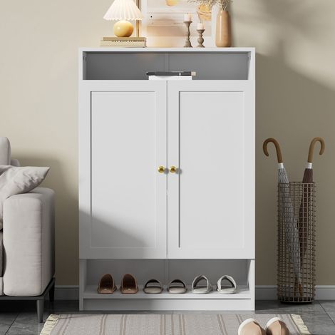 Meuble à chaussures 73x34x109 cm - avec 2 portes - avec 2 étagères ouvertes - blanc (1/5)