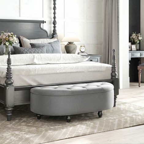 Pouf de rangement capitonné, couvercle à fermeture douce, aspect velours, 120 x 46 x 42 cm, gris foncé (1/5)