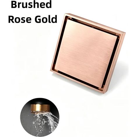 (Brushed Rose Gold)Brushed Nickel 10X10cm Square Shower Drain Tile Insert Anti Odor Brass Floor Drain Kit with Removable Grate Cover Hair Strainer (1/4)