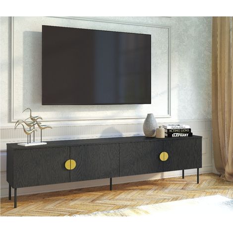 Meuble TV moderne 4 portes noir et or 200cm DIMITRI (1/5)