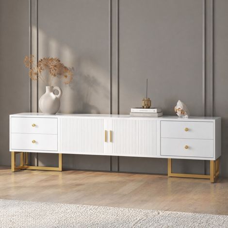 Mobile TV 175 cm in MDF bianco con 4 cassetti, 2 ante e piedini dorati HAVRYA (1/5)