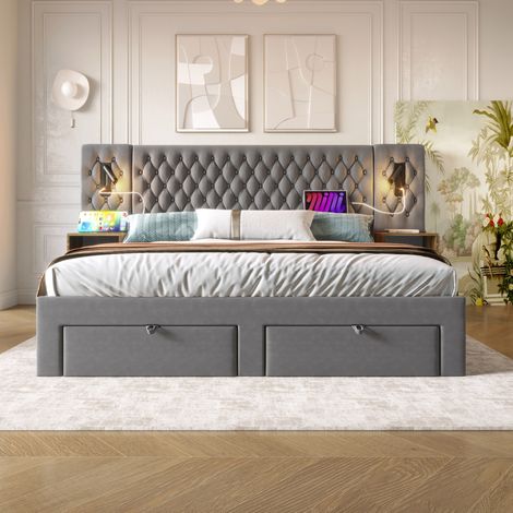 DESVIAE Lit double rembourré 180 x 200 cm avec 2 tables de chevet 4 tiroirs éclairage de lecture USB Type C gris velours (1/5)