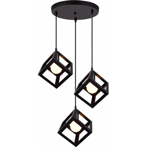 JKWG 3 Lumières Lustre Suspension Vintage Style Geometrique Lampe de Suspension en Forme de Cube pour Chambre à Coucher, Salon, Salle à Manger, Cuisine - 16 CM, Noir (1/5)