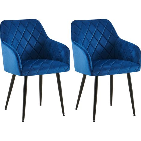 Lot de 2 chaises de salle à manger en velours bleu avec coutures décoratives en losange pieds noir chic et contemporain 100007779