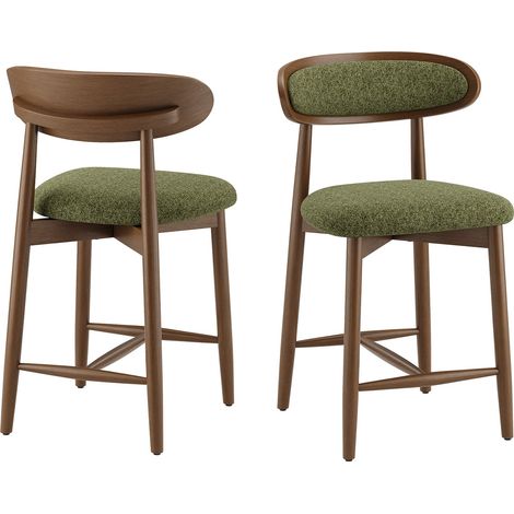 2er-Set Barhocker aus Massivholz, skandinavische Hocker mit ergonomischer Rückenlehne und gepolsterter Sitzfläche, bequem mit Fußstütze, Küche, Kücheninsel, Grün (1/5)