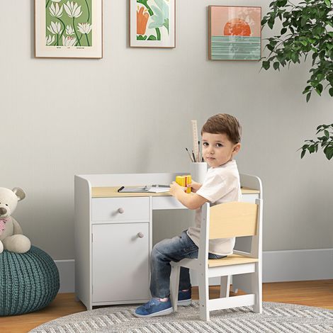 Bureau enfant avec chaise, table enfant avec tiroir, placard et large plateau, pour 3 à 6 ans, 80 x 39 x 59 cm, blanc (1/5)